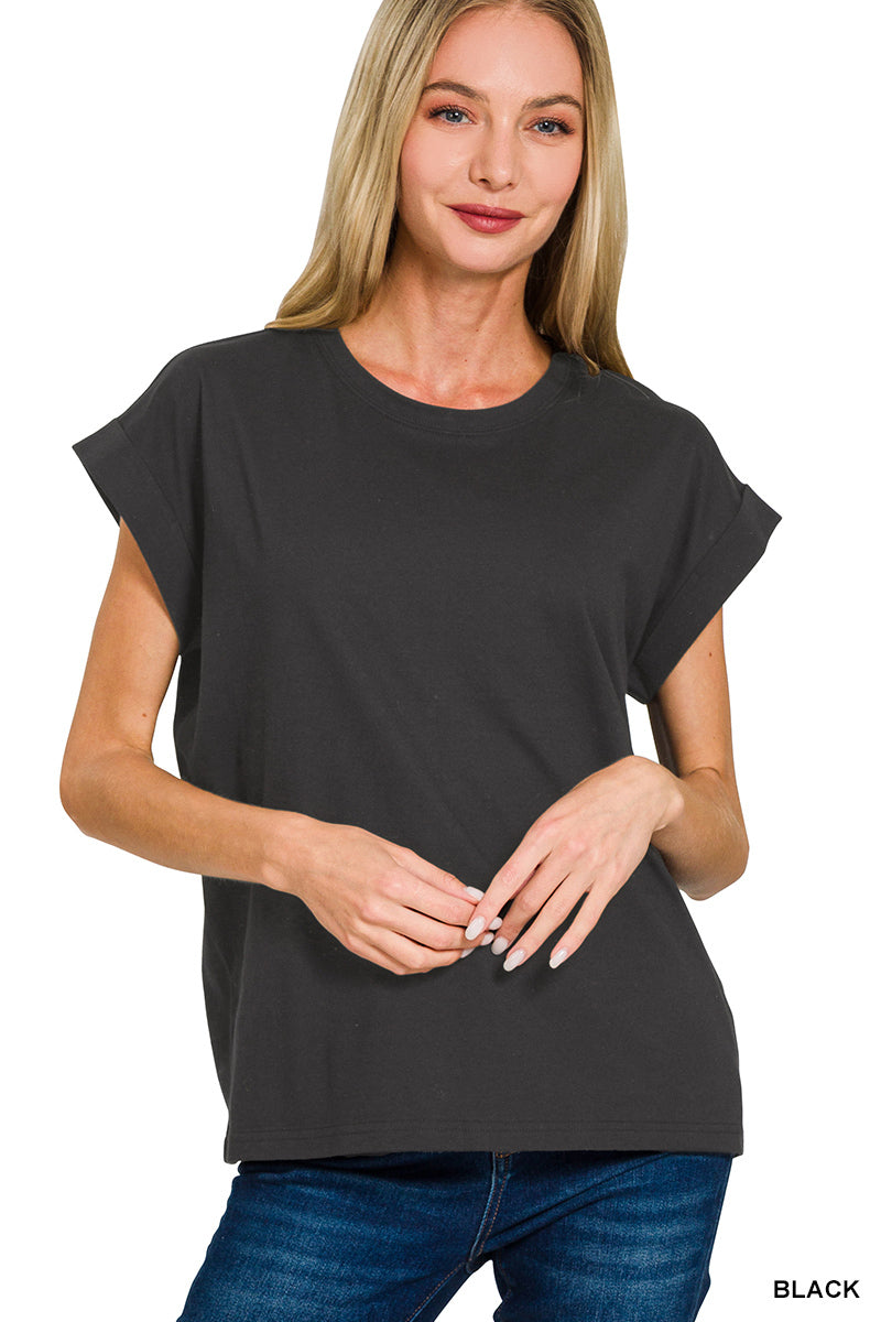 Womens Zenana Round Neck Folded Short Sleeve T-shirt Black