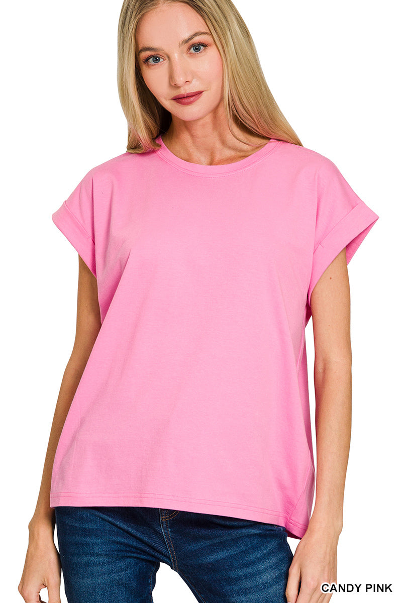 Womens Zenana Round Neck Folded Short Sleeve T-shirt Candy Pink