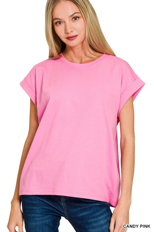 Womens Zenana Round Neck Folded Short Sleeve T-shirt Candy Pink