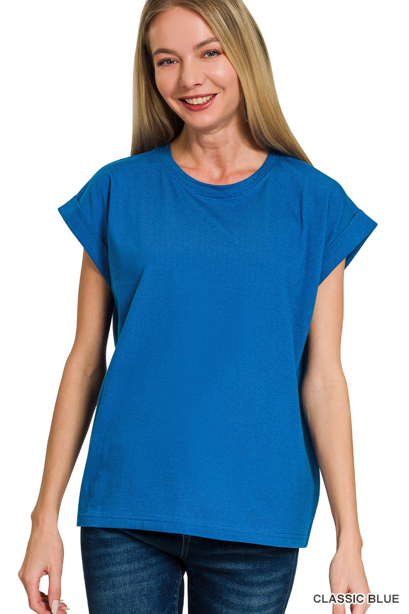 Womens Zenana Round Neck Folded Short Sleeve T-shirt Classic Blue
