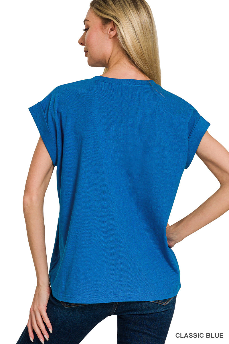 Womens Zenana Round Neck Folded Short Sleeve T-shirt Classic Blue