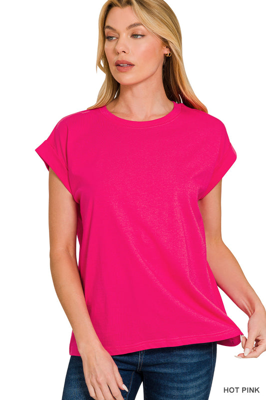 Womens Zenana Round Neck Folded Short Sleeve T-shirt Hot Pink