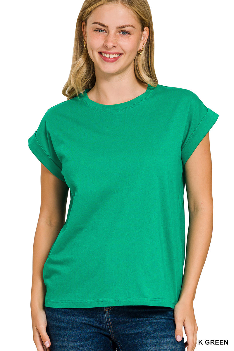 Womens Zenana Round Neck Folded Short Sleeve T-shirt Kelly Green