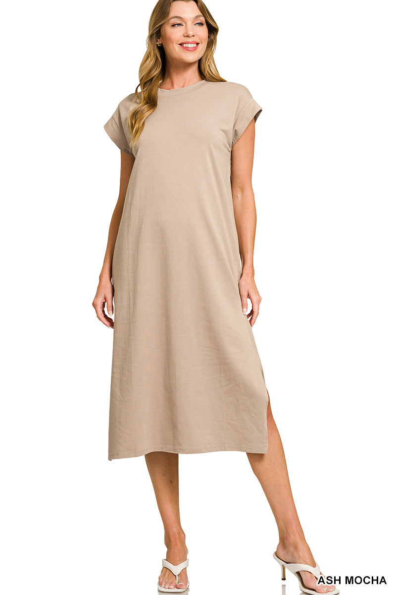Womens Zenana Round Neck Short Sleeve Midi Dress Ash Mocha
