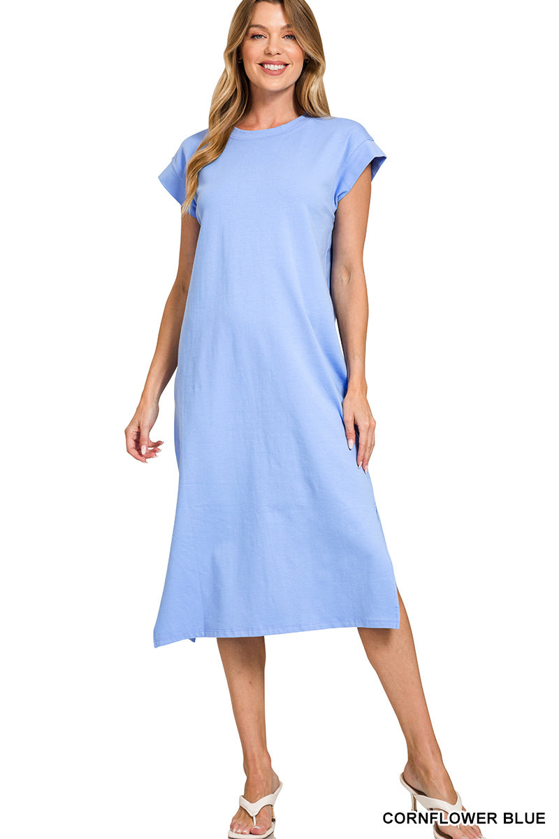 Womens Zenana Round Neck Short Sleeve Midi Dress Cornflower Blue
