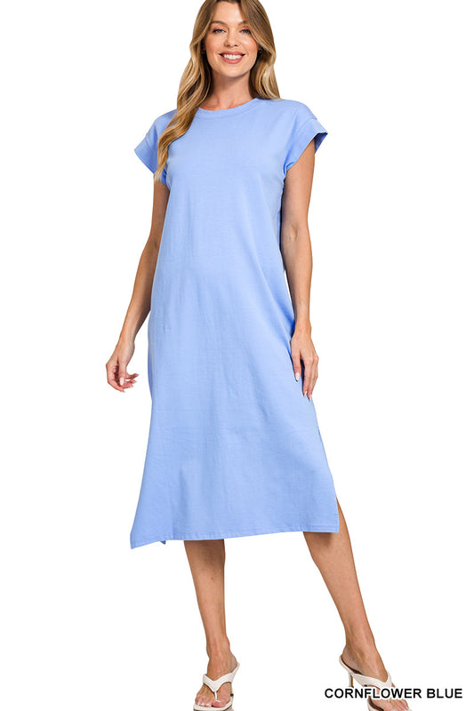 Womens Zenana Round Neck Short Sleeve Midi Dress Cornflower Blue