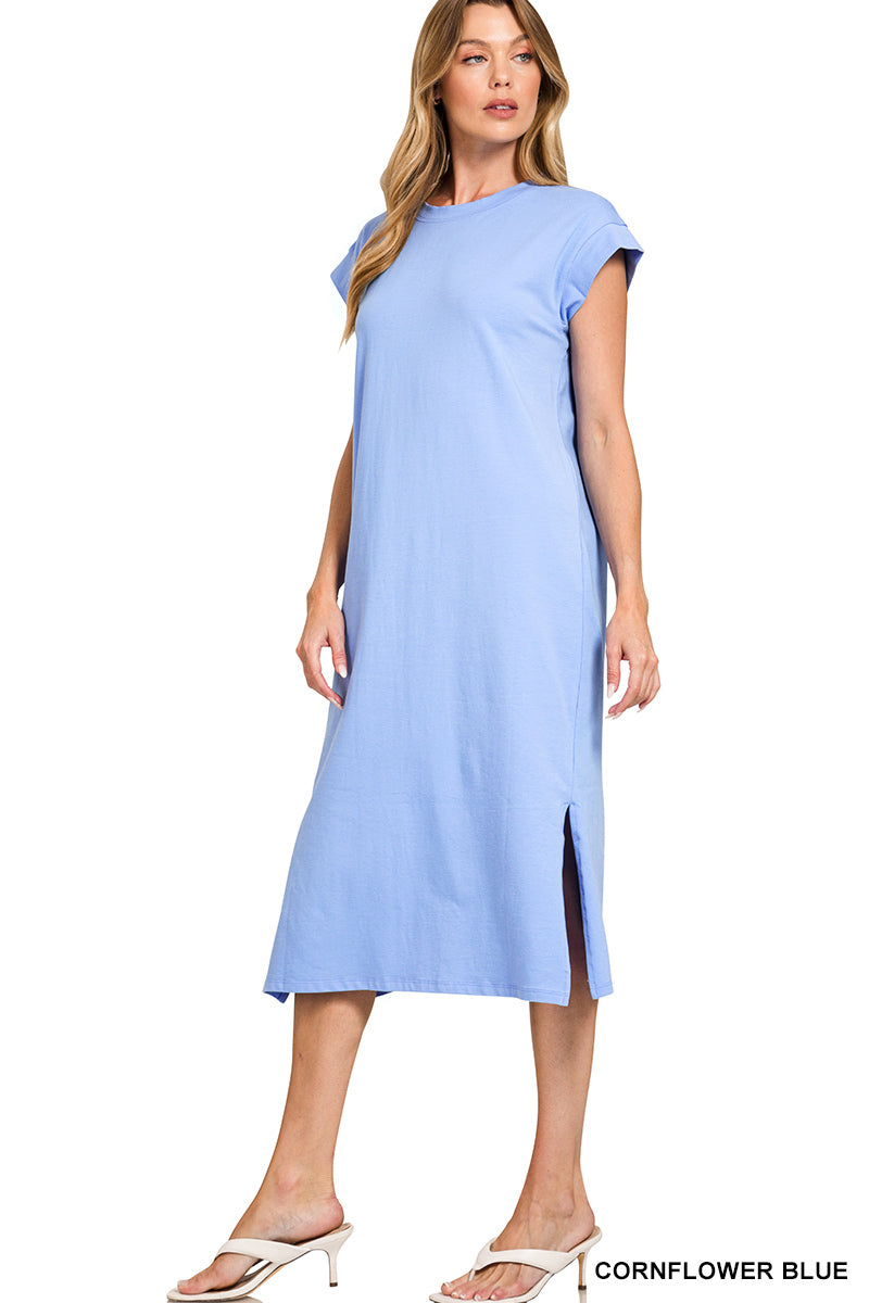 Womens Zenana Round Neck Short Sleeve Midi Dress Cornflower Blue
