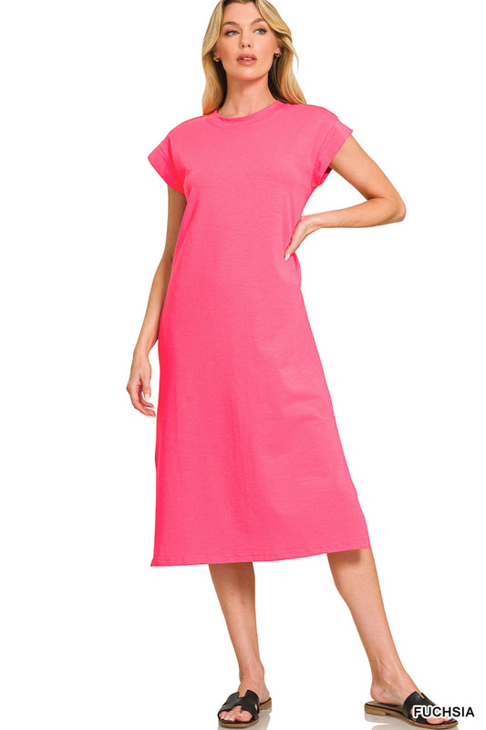 Womens Zenana Round Neck Short Sleeve Midi Dress Fuchsia