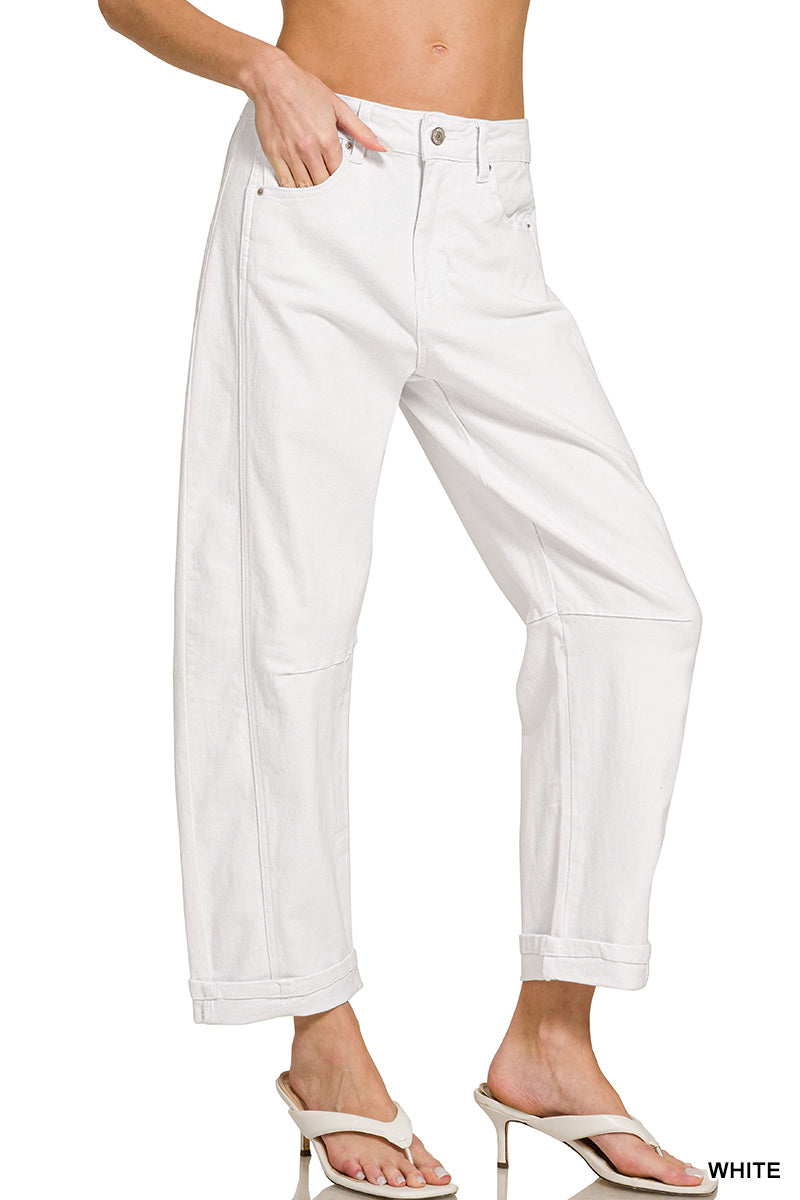 Zenana Womens High Rise Barrel-Leg Cropped Color White Denim Pants