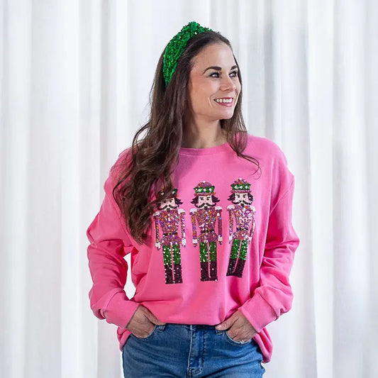 Womens Nutcracker March Sequin Sweatshirt Pink/Green