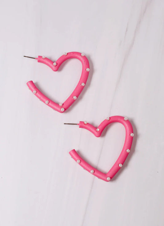 Hot Pink Admirer Pearl Heart Earrings