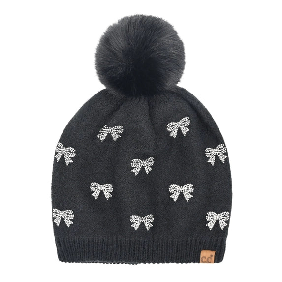 C.C Kids Allover Mini Rhinestone Bow Faux Fur Pom Beanie Black