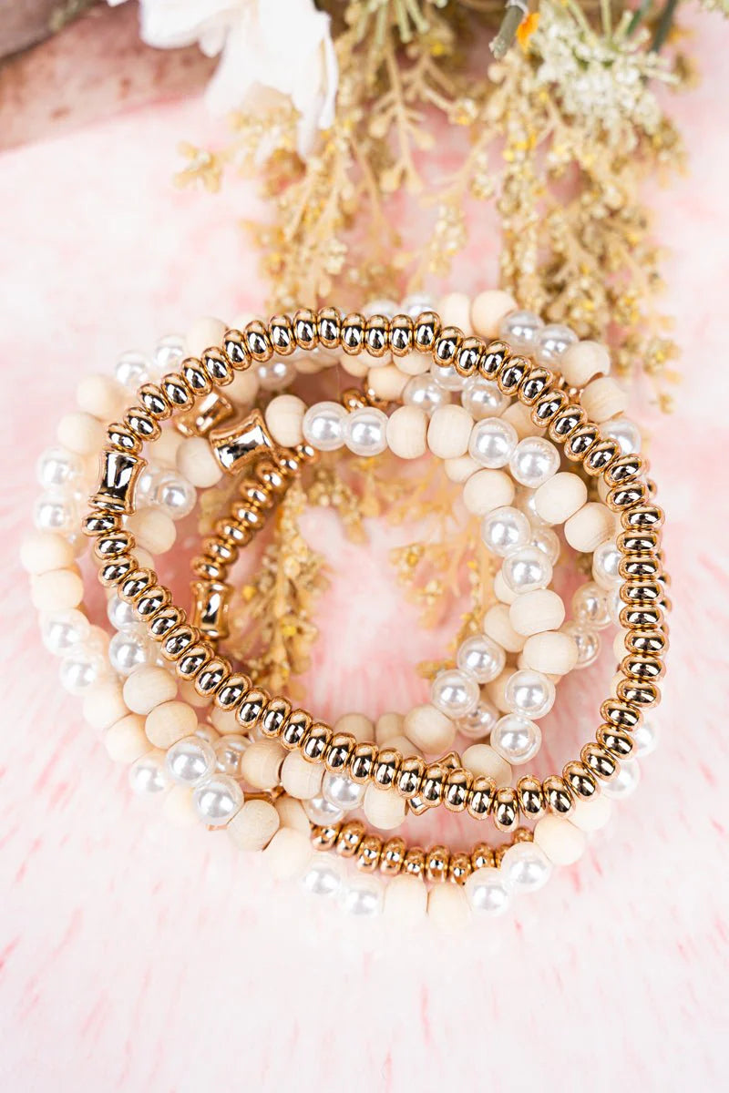 Elevated Style Cream Beaded Goldtone Bracelet Set