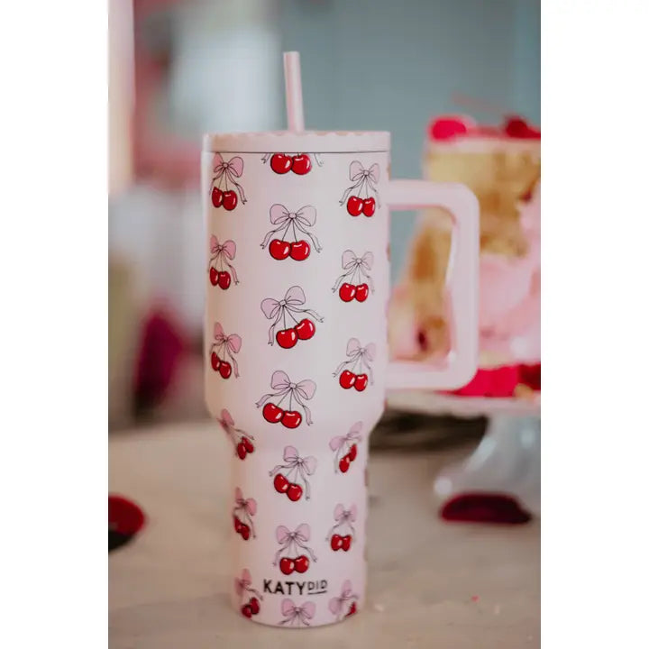 Katydid Light Pink Cherry Bow 38 oz Tumbler Cup