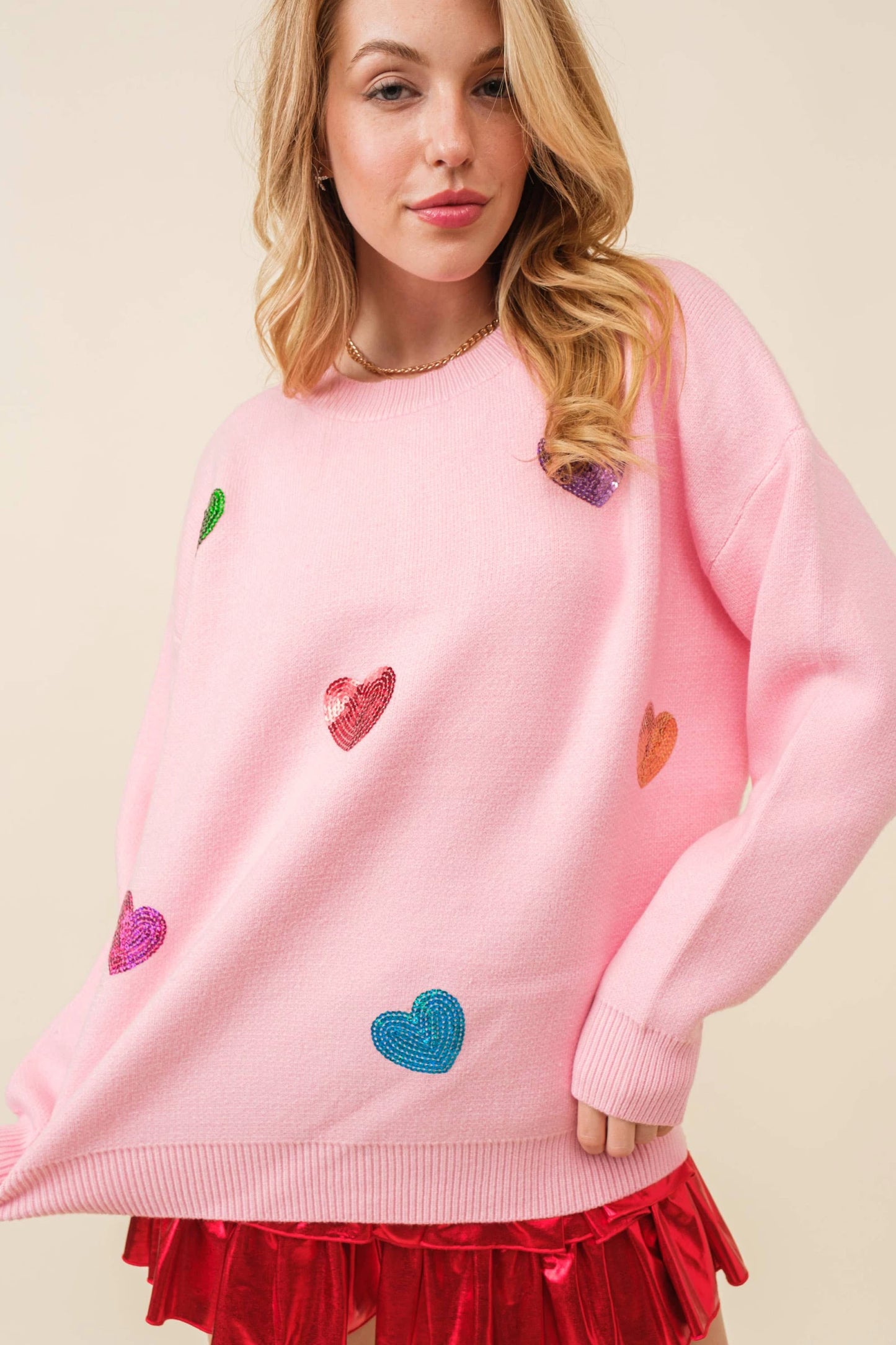 Womens Pink Multi Sequin Heart Patch Sweater