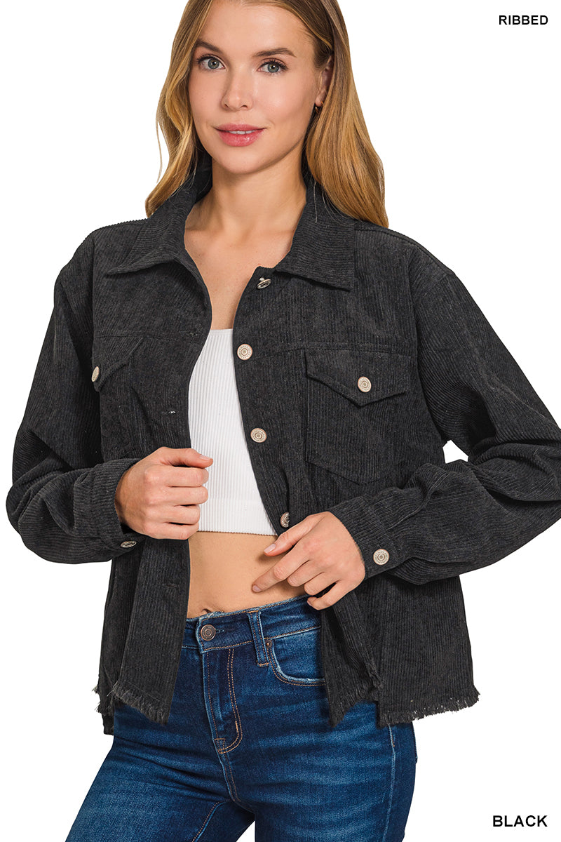 Womens Zenana Black Distressed Corduroy Frayed Hem Cropped Jacket