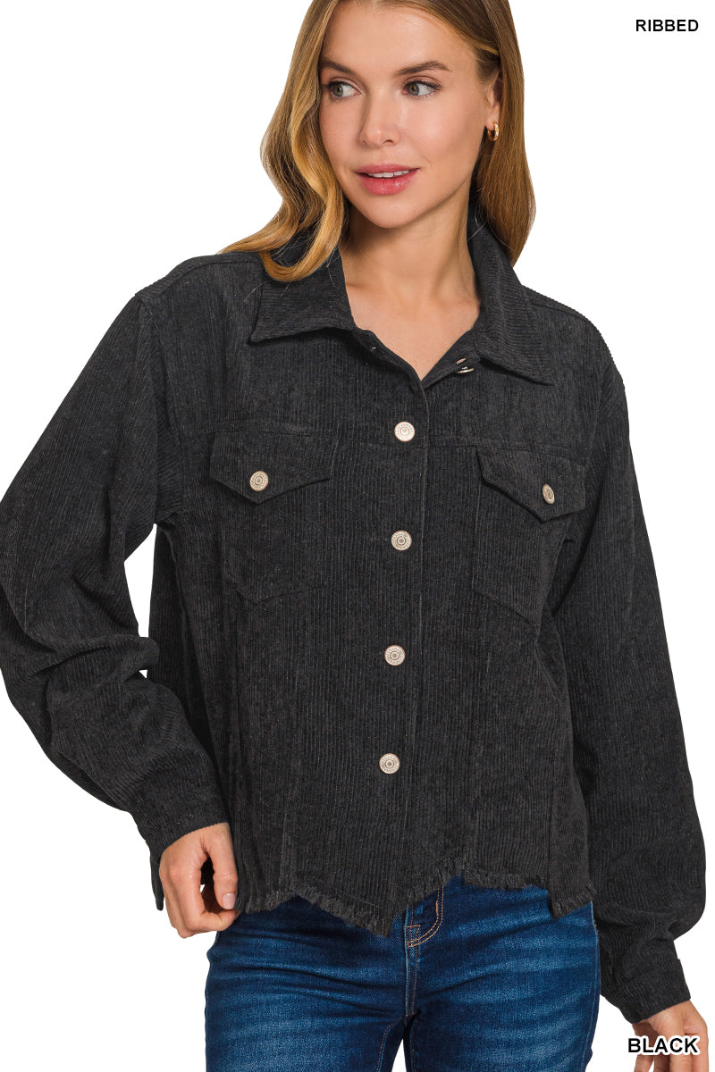 Womens Zenana Black Distressed Corduroy Frayed Hem Cropped Jacket