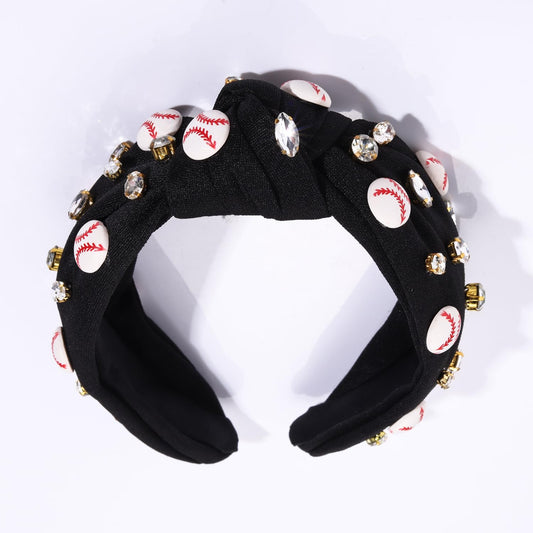 Black Baseball Crystal Embellished Wide Knotted Headband