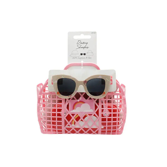 Kids Sunglasses with Hat + Case + Bag Summer Spring Set Pink
