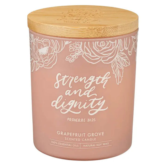 Glass Candle W/Bamboo Lid Pink Strength & Dignity Prov 31:25