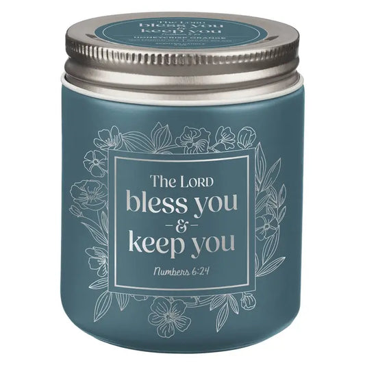 Glass Candle W/Screw Top Lid Blue Bless\keep You Num. 6:24