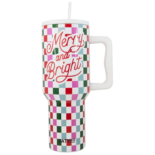 Katydid Merry & Bright Checkered Tumbler Cup w/ Handle White