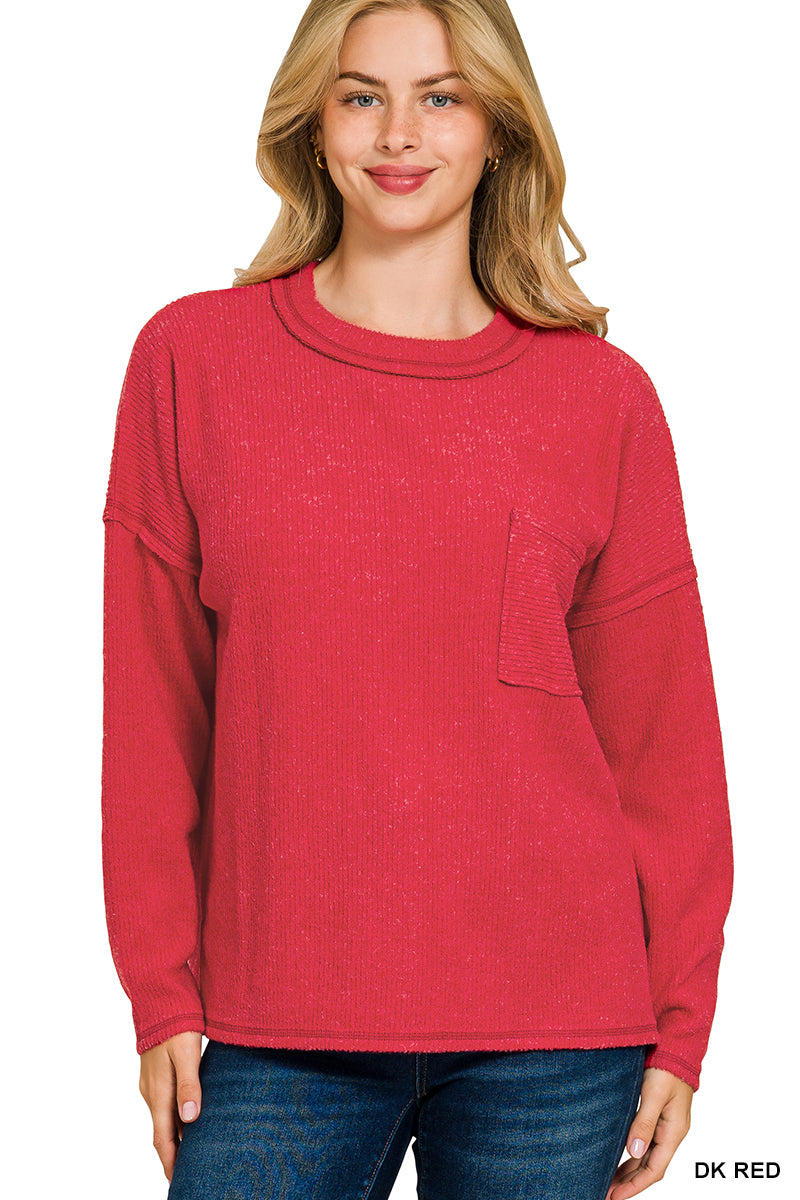 Womens Zenana Dark Red Ribbed Brushed Melange Hacci Sweater With Pocket