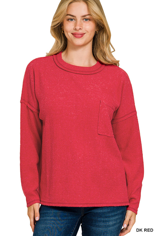 Womens Zenana Dark Red Ribbed Brushed Melange Hacci Sweater With Pocket