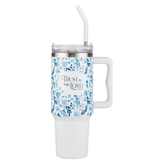 Blue Floral Trust in the Lord Tumbler With Straw
