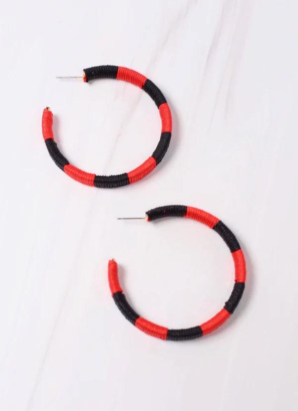Thread Wrapped Hoop Earrings RED BLACK