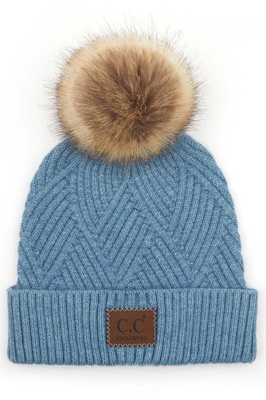 Womens C.C Heather Beanie Pom Hat With Suede Patch Denim