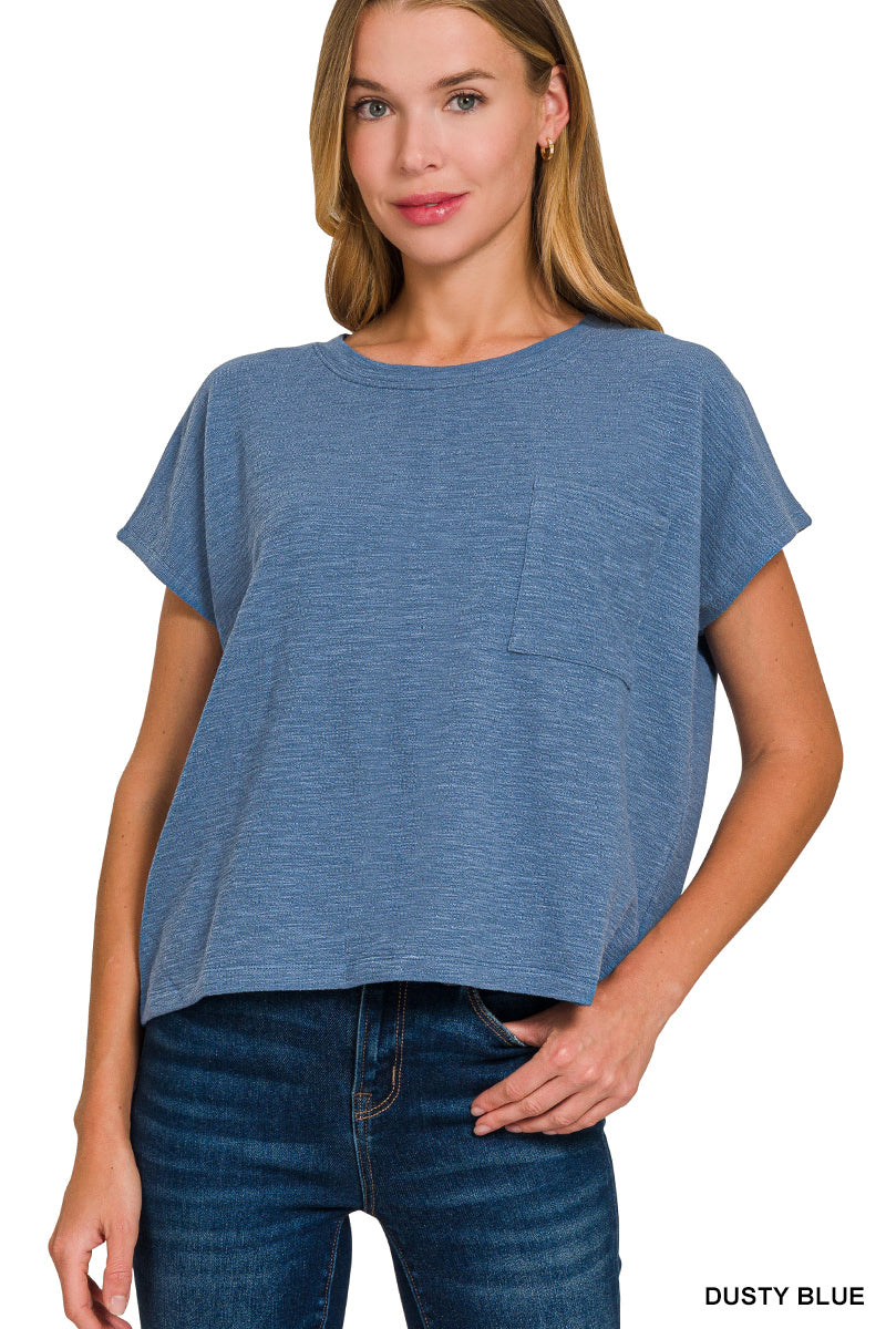 Womens Zenana Dusty Blue Slub Relaxed Crop Top