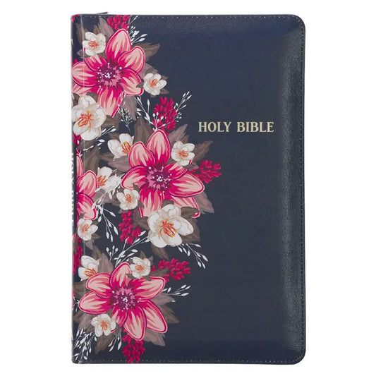 KJV Bible Deluxe Gift Faux Leather, Blue Floral Printed With Zipper