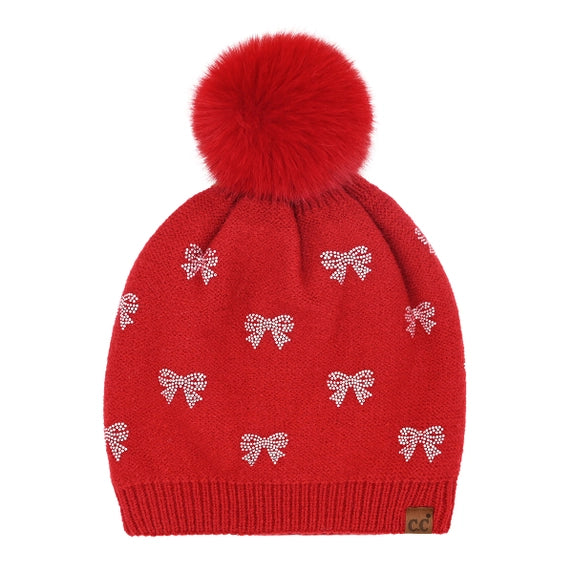 C.C Kids Allover Mini Rhinestone Bow Faux Fur Pom Beanie Red