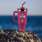 Kerusso 40 oz Stainless Steel Mug with Straw Filigree Cross Pink