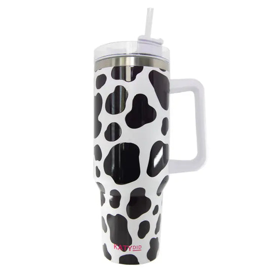 Katydid Black/White Cow Print Tumbler Cup with Handle