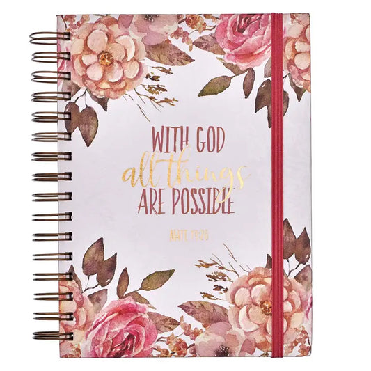 Journal Wirebound W/Elastic Pink Floral All Things Mat 19:26