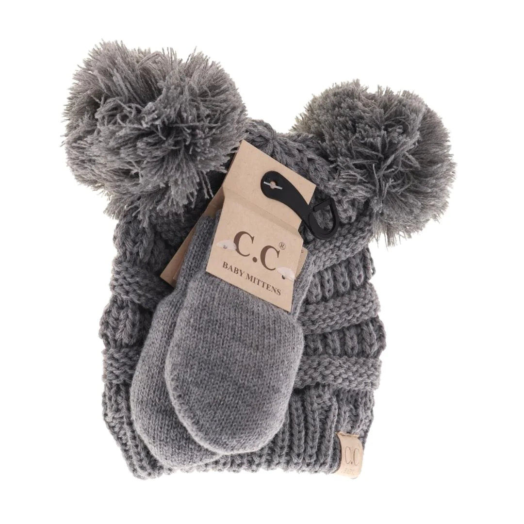 C.C. Beanie Baby Double Pom Pom Beanie and Mittens Set Light Gray