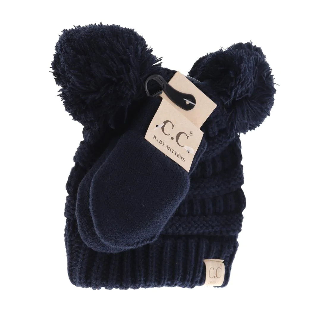 C.C. Beanie Baby Double Pom Pom Beanie and Mittens Set Navy