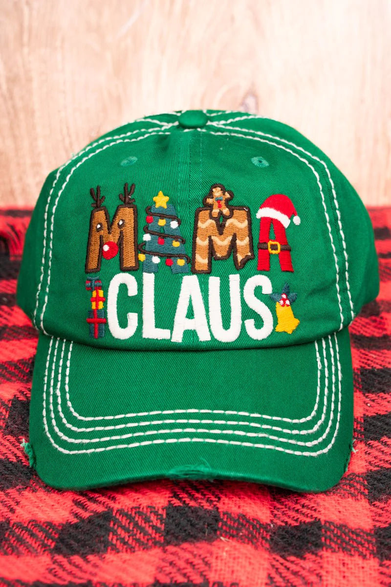 Distressed Kelly Green 'Mama Claus' Cap