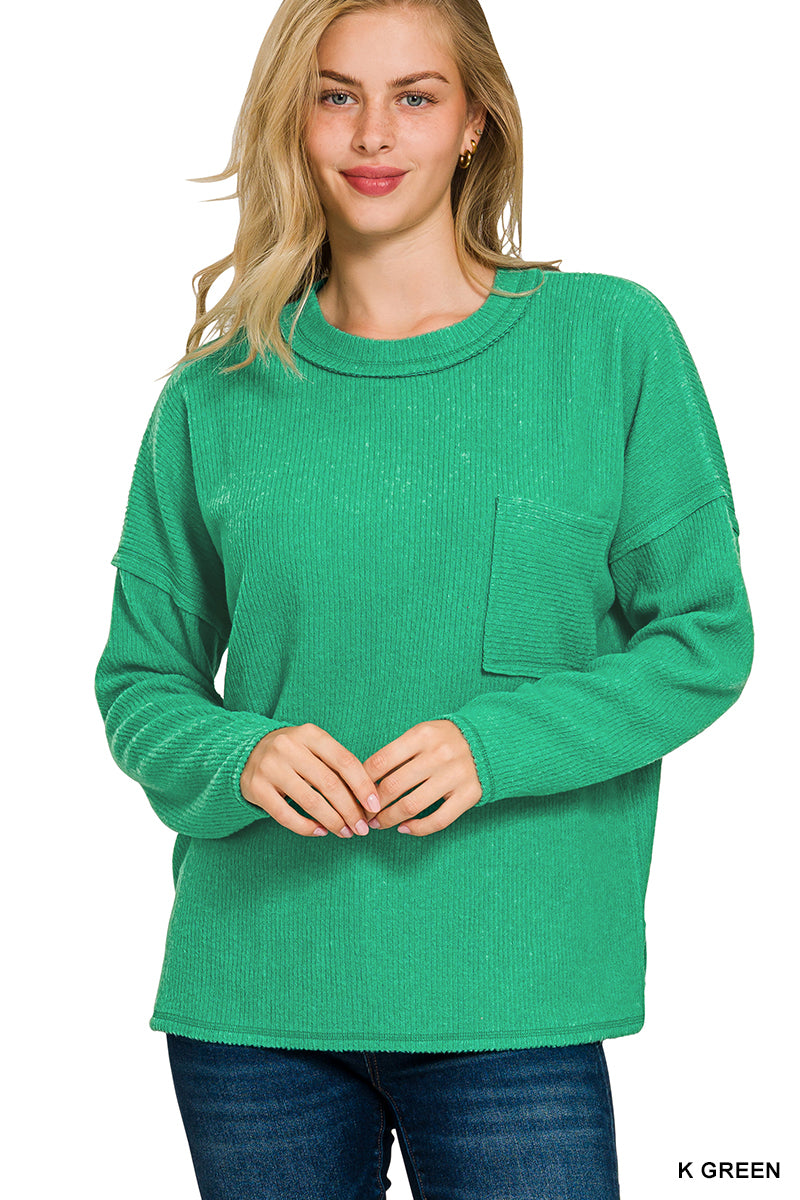 Womens Zenana Kelly Green Ribbed Brushed Melange Hacci Sweater With Pocket