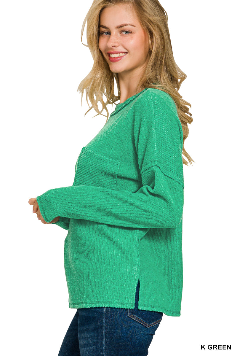 Womens Zenana Kelly Green Ribbed Brushed Melange Hacci Sweater With Pocket