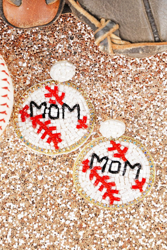 Rhinestone Baseball 'Mom' Seed Bead Earrings