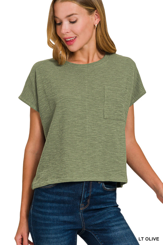 Womens Zenana Lt Olive Slub Relaxed Crop Top