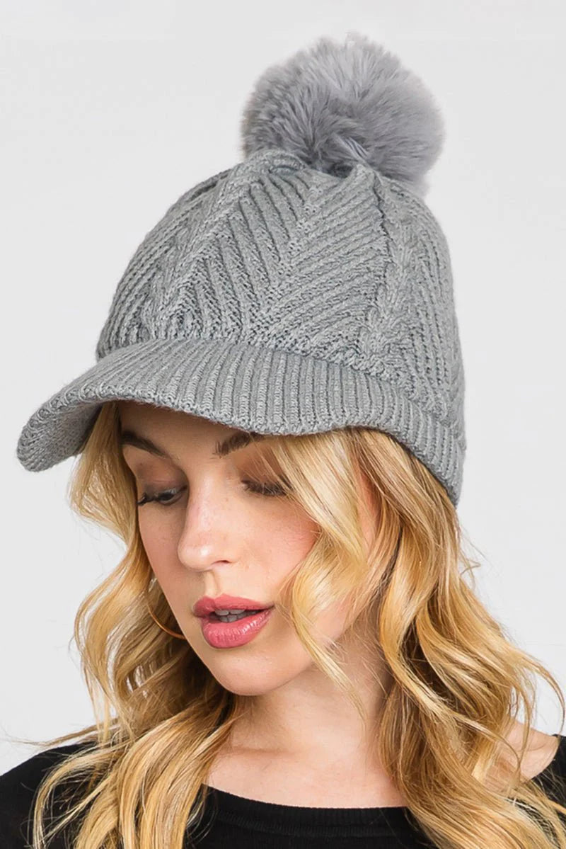 Womens Winter Hike Gray Chevron Brimmed Pom Beanie