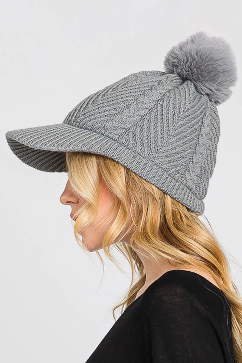 Womens Winter Hike Gray Chevron Brimmed Pom Beanie