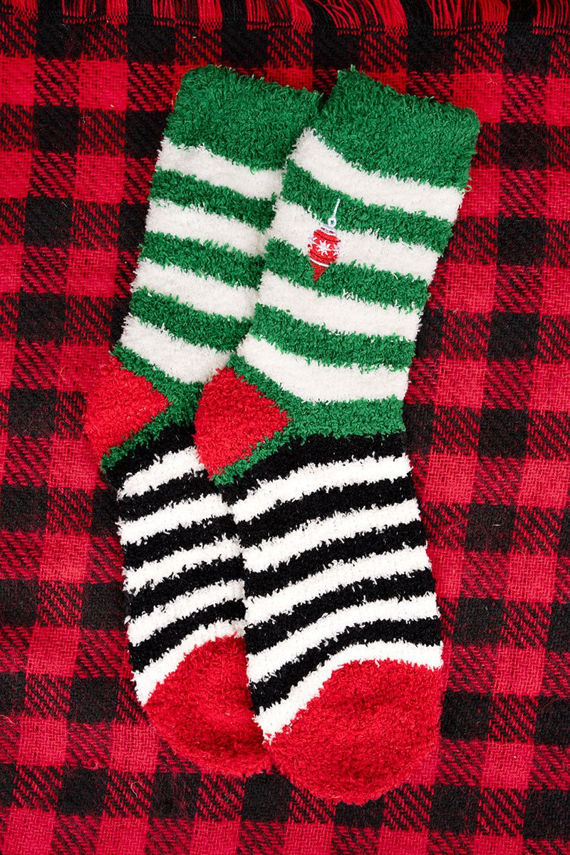 Deck The Halls Striped Fuzzy Socks