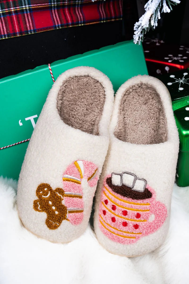 Hot Cocoa Season White Plush Slippers