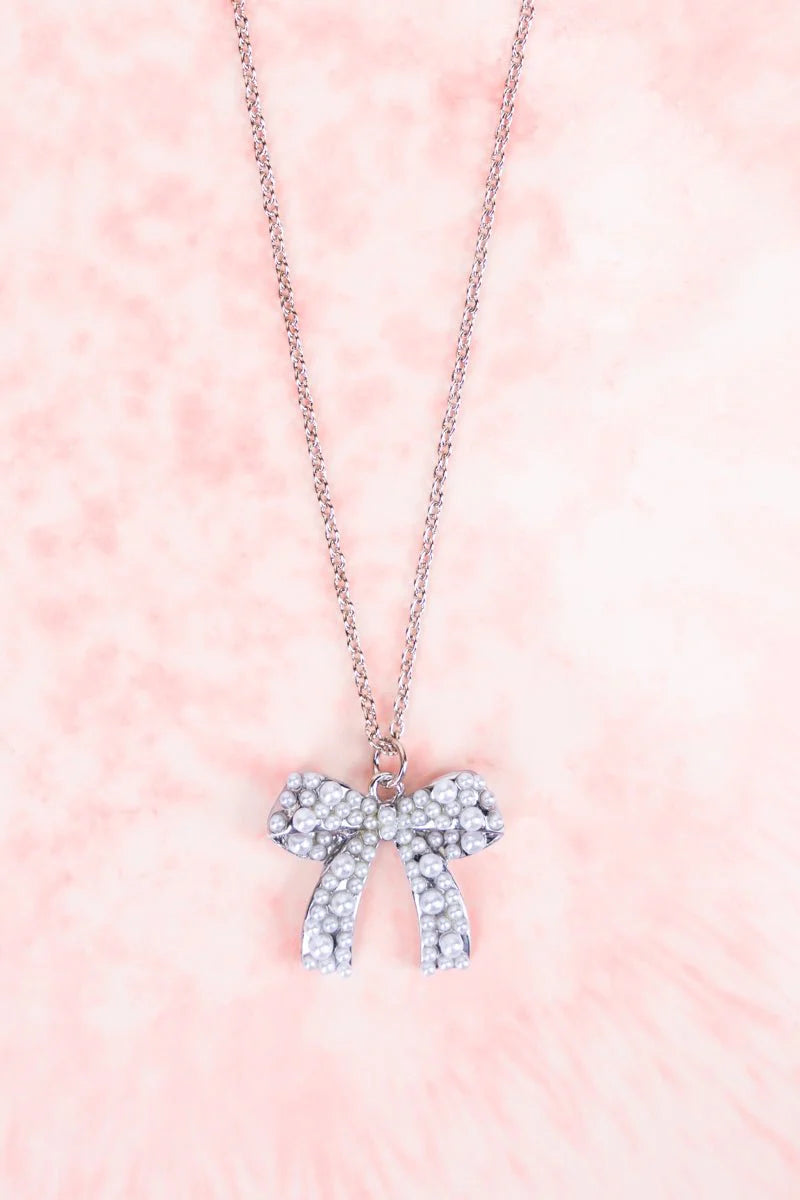 Crystal Avenue Pearl Bow Silvertone Necklace