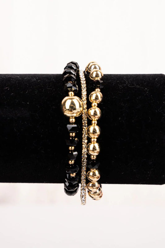 Evelin Goldtone Black & Rhinestone Bead Bracelet Set